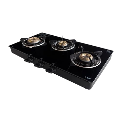 Image of KAFF 71 cm, 3 Burner Glass Cooktop Gas Stove with 1 Jumbo 1 Medium 1 Small Brass Burner | Easy Grip Knobs Matt Enameled Pan Support | Stainless Steel Drip Tray Modular Kitchen Hob | CTRJ71-3B