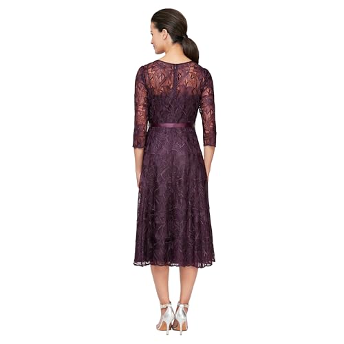 Image of Alex Evenings Womens Tea Length Embroidered Cocktail Dress with Illusion Sleeves, Wedding Guest (Petite and Regular Sizes)