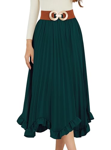CYiNu Pleated Midi Skirt for Women Elegant Silk Stain High Waist A-Line Ruffled Midi Skirts