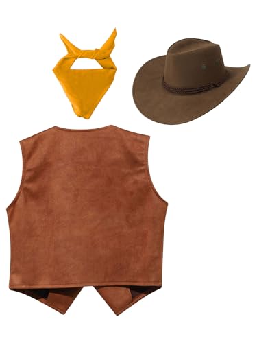 Western Brown Cowboy Vest for Kids Boys Sleeveless Tops with Bandanna and Hat for Disco Club Themed Party2