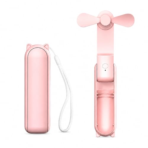 Image of TechPride Mini Handheld Fan - Portable Foldable Hand Fan (Pankha) for Travel, Office, Makeup & Kids | Type-C Rechargeable 2000mAh Battery, 3-Speed Cooling USB Desk Fan - Pink