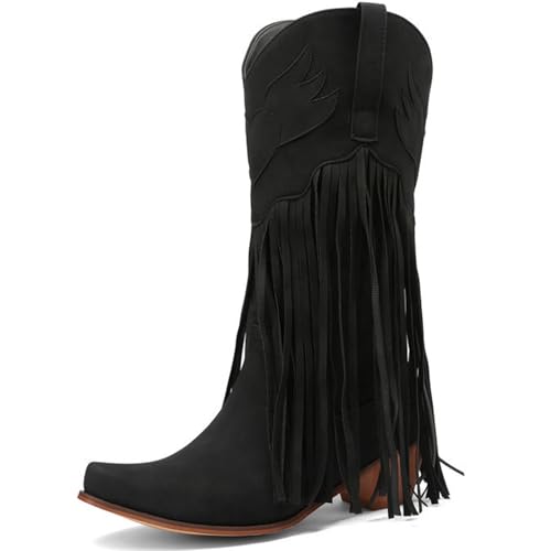 Bottes mi-mollet à franges cowboy pour femme avec bottines large mollet brodées