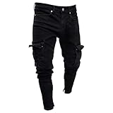 Jeans Cargo Elasticizzati Slim Fit da Uomo, Pantaloni a Gamba Dritta, Jeans Skinny alla Moda in Denim con Tasche Multiple, Neri, Taglia XL