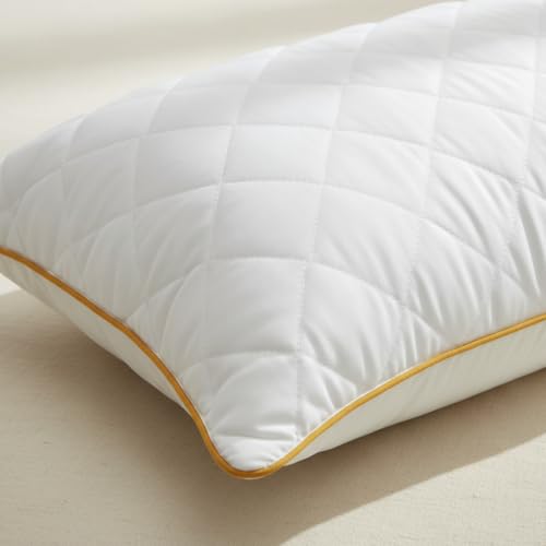 Image of Premium Quilted Microfiber Pillow Set of 2 for Sleeping | 3D Virgin Fiber Filled | Soft Neck Support Bed Pillow with Edge Piping | Mustard Yellow, 17x27 Inch