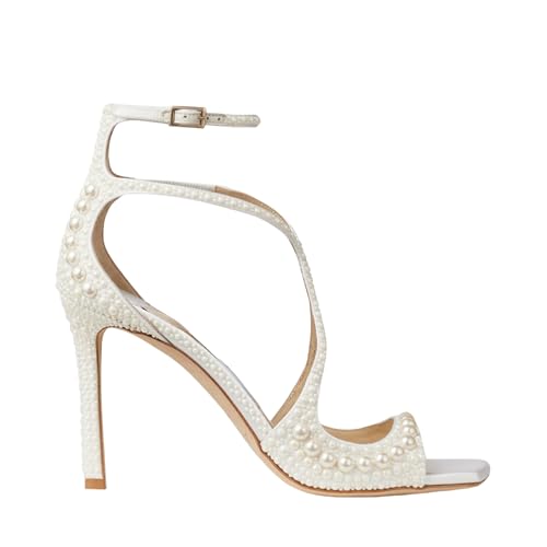 Women's White Pearl Rhinestone Heeled Sandals Square Open Toe Elegant Ajustable Ankle Strap High Heels Comfortable Wedding Party Shoes for Women