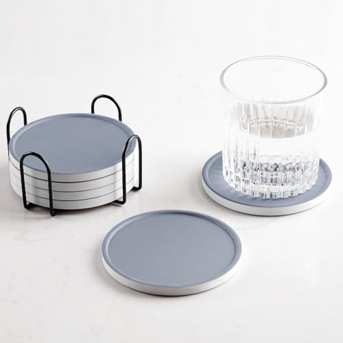 Hoomey Set of 6 Dusty Blue Coasters with Holder Absorbent Ceramic Drink Coasters with Cork Backing for Table Protection Table Decor Housewarming Gifts