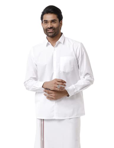 Image of RAMRAJ COTTON Men White Cotton Full Sleeve Collared Shirt