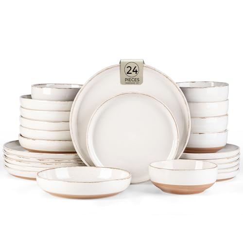 Image of AmorArc Ceramic Dinnerware Sets with Pasta Bowls for 6, Handpainted Plates and Bowls Set with Rustic Terracotta Underside, Scratch Resistant Dishes Set, Dishwasher & Microwave Safe, 24 Pcs