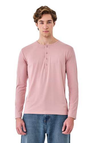 Image of SNITCH Men's T-Shirt | Regular Fit Henley Neck Full Sleeve Solid Pattern | Stretchable Rayon Cotton Spandex Blend Breathable Fabric for Casual & Everyday Wear