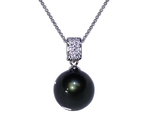 12mm & 14mm South Sea Pearl Pendant Necklace with Diamonds for Women - 12mm & 14mm Tahitian Pearl Necklace with Diamonds Single Pearl Necklace for Women with 925 Sterling Silver Chain