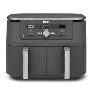 Ninja Dual Zone Digital Air Fryer, 2 Schubladen, 6-in-1, Heißluftfritteuse, 9,5L, Heißluft-Frittieren, Max Crisp, Rösten, Backen, Aufwärmen, Spülmaschinenfeste Körbe, Metallic Grau DZ400EU