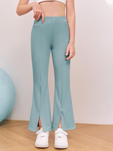 Image of Haloumoning Girls Kids Elastic Waist Ribbed Flare Split Bottom Pants Stretch Casual Long Pants(5-14Y)