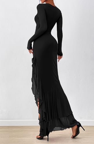 BTFBM Women's Maxi Dresses Fall 2025 Long Sleeve Ruched Bodycon Solid Ruffle Mermaid Cocktail Wedding Guest Dress