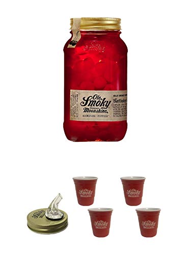 Ole Smoky Moonshine Cherries (100 proof) Kirschen im 0,5 Liter Glas + Ole Smoky Ausgiesser + Ole Smoky Shot Becher rot 2 Stück + Ole Smoky Shot Becher rot 2 Stück
