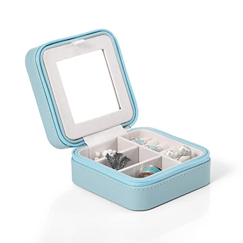 Vlando Small Travel Jewelry Box Organizer - Mirrored Jewelries Necklaces Rings Earrings Necklace Storage Case, Blue - Image 6