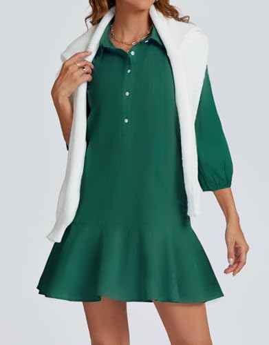 Image of YEXPINE Women Button Down Dress Casual 3 /4 Puff Sleeve Cotton Linen Dress Flowy Ruffle Hem Tunic Shirt Dresses