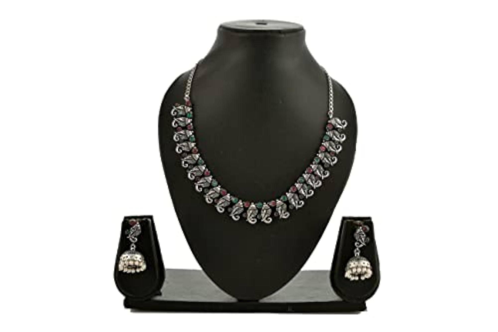 Oxidized Elephant Theme Rakhi Necklace Set Red & Green Stone Earrings