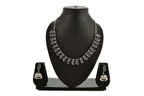 Oxidized Elephant Theme Rakhi Necklace Set Red & Green Stone Earrings