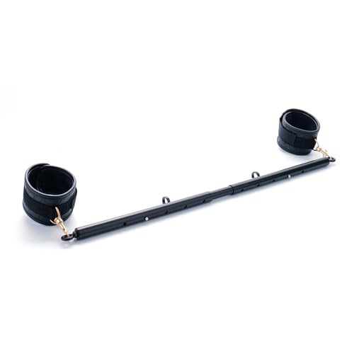 Black Heavy Duty Stainless Steel Expandable Spreader Bar with 2pcs PU Embossed Black Adjustable Straps Yoga Pilate Bar for Bedroom Home Exercise Bar Sports Training Fitness Gear