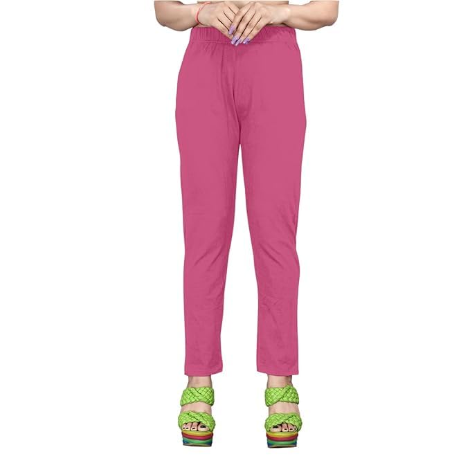 Image of Women's Solid Cotton Lycra Pants-High Waist Slim Fit Stretchable Leggings - Comfortable Long Trousers for Casual, Office & Everyday Wear