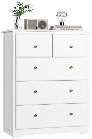HOUSUIT Dresser with 5 Drawers, Tall Dresser Chest of Drawers, 5 Drawer Dresser with Deep Space, Wood Dresser Storage Cabinet for Living Room, Hallway, Entryway, Office, White
