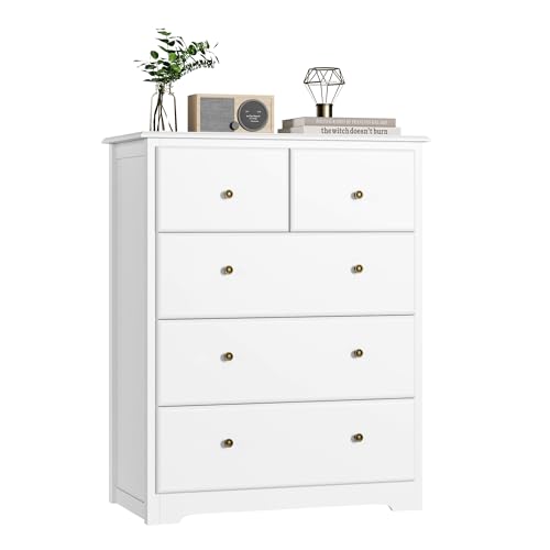 HOUSUIT Dresser with 5 Drawers, Tall Dresser Chest of Drawers, 5 Drawer Dresser with Deep Space, Wood Dresser Storage Cabinet for Living Room, Hallway, Entryway, Office, White