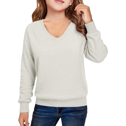 Cashmere Sweater for Girls Fashion V Neck Knit Pullover Sweaters Beige - image 6