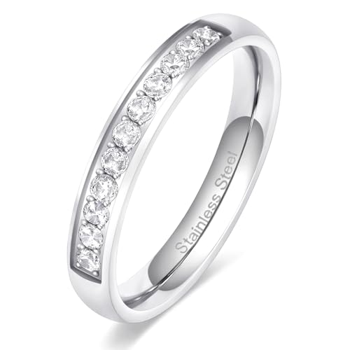 TIGRADE 3.5mm Engagement Ring Half Cubic Zirconia Stainless Steel Eternity Wedding Band for Women Size 3-12.5, Silver, Size 3