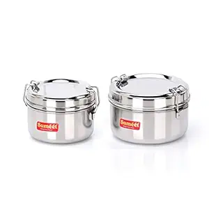 Sumeet Stainless Steel Meal Pack Lunch Box/Tiffin with Steel Separator Plate and Locking Clip, Set of 2Pc, 250ML & 300ML, 9.5cm & 11.5cm Dia, Silver