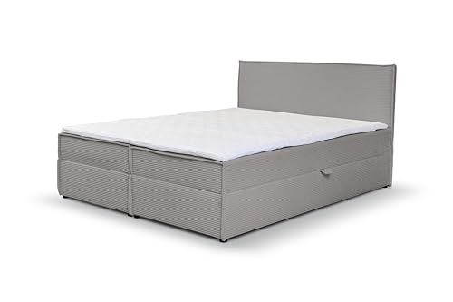 VENASI MÖBEL Gloria Lit à sommier tapissier avec coffre de lit H2/H3 et matelas en velours côtelé (gris, 160 x 200 cm)