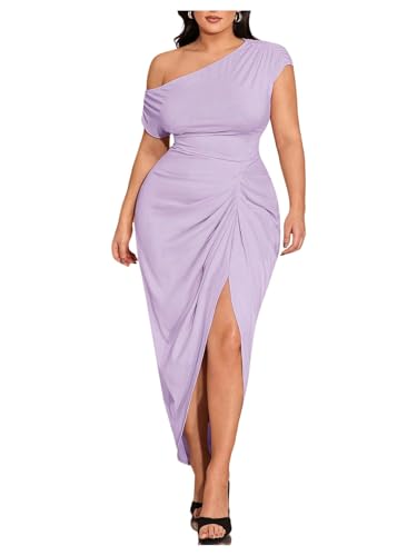 Image of Floerns Women's Plus Size Asymmetrical Neck Long Dress Ruched Slit Hem Cocktail Dress