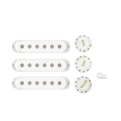 FLEOR 3PCS 52mm Single Coil Pickup Covers Set with 2T1V Control Knobs & 5-Way Selector Switch Tip for Stratocaster Guitar, White