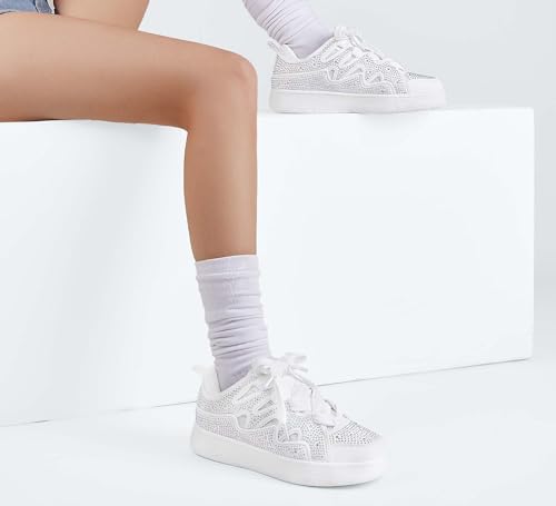 Image of LUCKY STEP Women Sparkle Rhinestone Fashion Sneakers | Walking Tennis Bling Glitter Shoes Platform Lace up Casual Mesh Sneaker