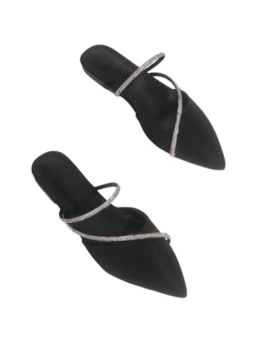 MakeMeChic Women's Rhinestone Pointed Toe Flat Shoes PU Leather Strappy Elegant Slip On Flats