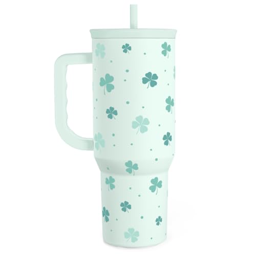 Image of 40oz Shamrock Tumbler with Handle and Straw - Insulated Stainless Steel Coffee Travel Mug, Christmas St. Patrick's Day Irish Gifts
