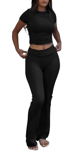 Image of AYWA Women's 2 Piece Lounge Sets Short Sleeve Crop Top Foldover Flare Pants Casual Pajama Outfits