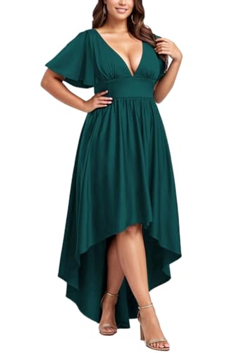 Image of Elegant Dresses Formal Evening Cocktail Long Maxi Wedding Party Dress Sexy V Neck Ruffle Sleeve Hi Low Flowy Gowns
