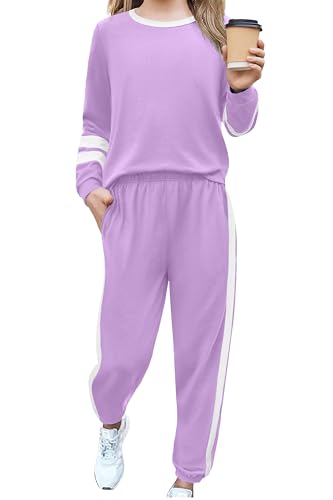 Zaclotre Girls 2 Piece Outfits Fall Clothes Long Sleeve Crew Neck Sweatshirt and Sweatpants Sweatsuit Set Purple 11-12Y