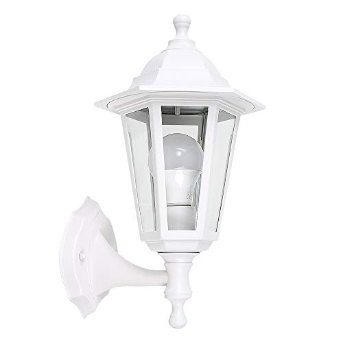 MiniSun | Traditional Style White Security Wall Lantern | Outdoor Wall Lights Home Décor & Improvement Essential | Includes 6W LED Bulb | Mains Wired