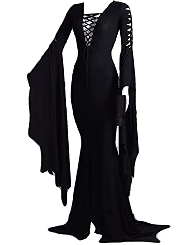 NANAMEEI Halloween Kostüm Damen, Schwarzes Gothic Kleid mit Tiefem...