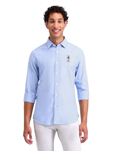 Image of U.S. Polo ASSN. Solid Tailored Fit Shirt for Men - 100% Cotton, Breathable & Comfortable, Full Sleeves Casual Shirt for Men