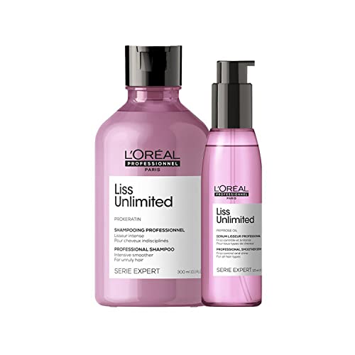 L’Oréal Professionnel | Pack Champú + Aceite Alisador Intenso para cabellos rebeldes encrespados y alisados, Liss Unlimited, SERIE EXPERT, Champú 300 ml + Aceite, 125 ml