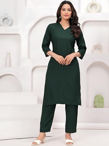 Image of ANILINE Women's Rayon Solid plain v neck kurta Trouser /Pant set