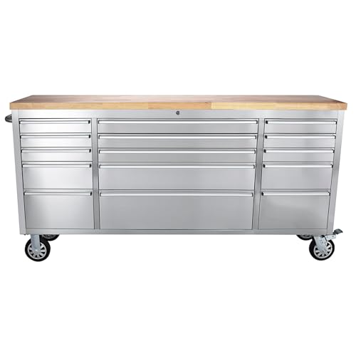 GarveeTech 72' Heavy-Duty Rolling Tool Chest & Workbench with 15 Drawers, Steel Rubber Wood Top on...