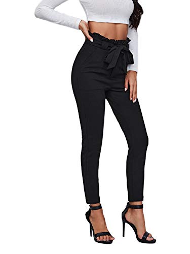 WDIRARA Women's Stretchy Plaid Print Pants Soft Skinny Regular Fashion Leggings Paper Bag Waist Belted Pockets Black M