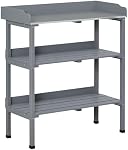 Outsunny Outdoor Potting Bench, Wooden Potting Table with Storage Shelf, Metal Table Top, Hooks for Backyard, Patio, Balcony, Grey