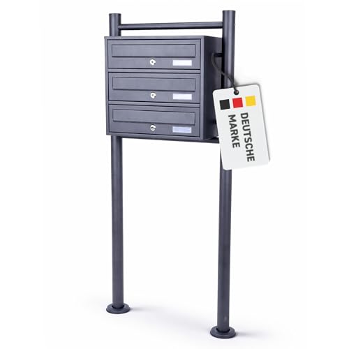 Rapid Teck® 3er Briefkastenanlage | 1x3 Fächer Briefkasten Anthrazit mit Namensschild | Edelstahl Postkasten | Dunkel Grau | Briefkasten Edelstahl Mehrfamilienhaus