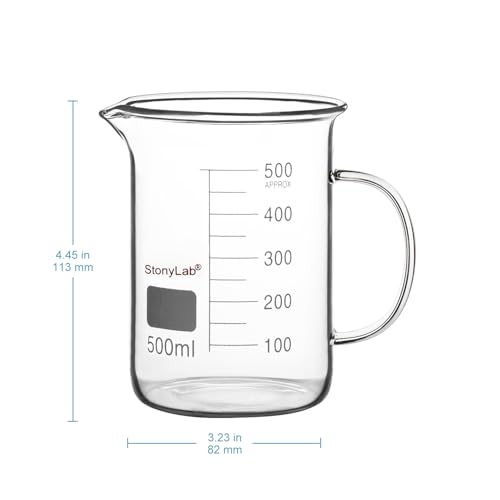 Image of stonylab Glass Beaker with Handle, Borosilicate Glass Graduated Low Form Griffin Beaker with Handle and Pouring Spout, 500 ml