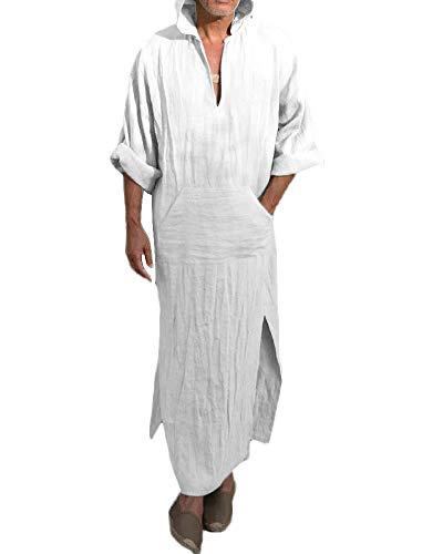 FUERI Herren Leinen Kaftan Ethnisch Robe Nachtwäsche Lässig Locker Loose...