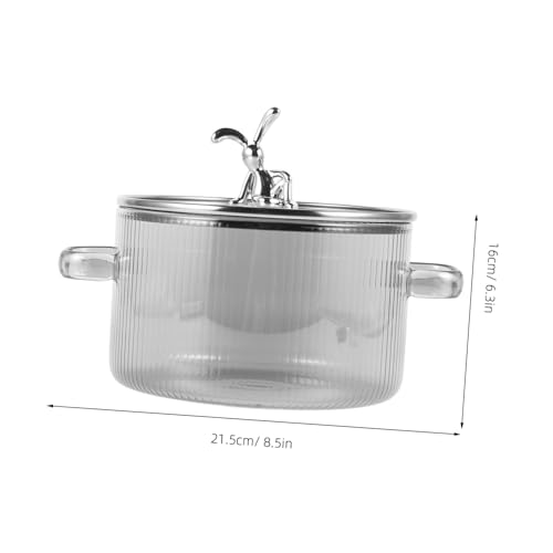 LIGIGWASH ガラス製両手鍋 安定構造 透明蓋付き 耐熱調理用スープポット ミルク沸騰対応 かわいい灰色うさぎデザイン 家用キッチン鍋